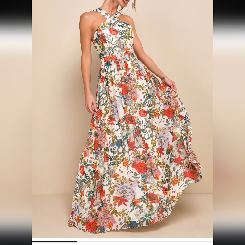 NWT LuLus Lilja Cream Floral Print Maxi Dress Size XL